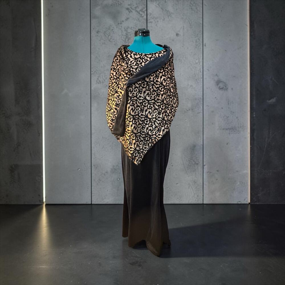 Vintage Sue Brett Black Gold Velvet Burnout Maxi Dress Shawl Glam Goth 80s Sz 18 - Picture 8 of 8